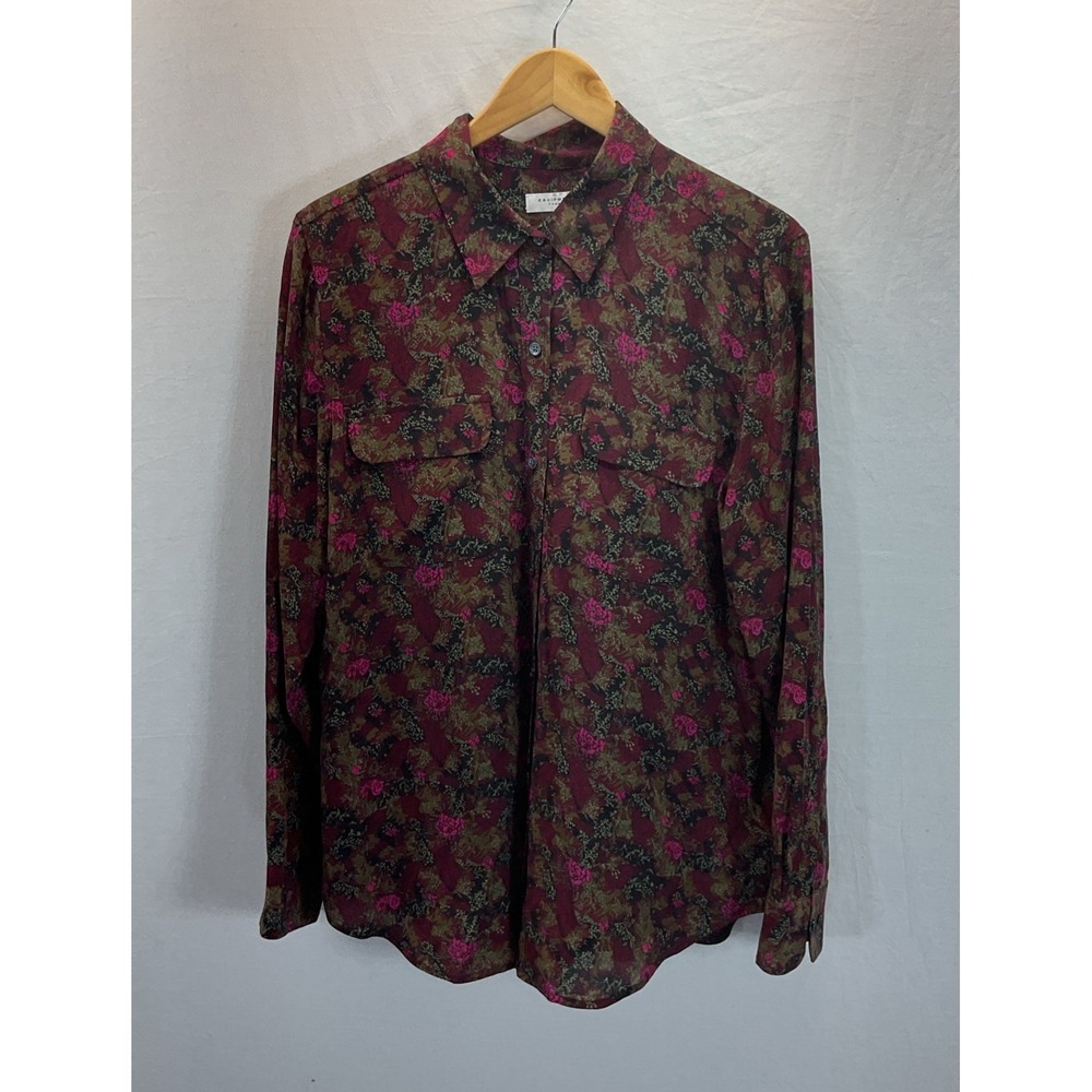 Equipment Femme Black Floral Shirt 100% Silk Button Sz XL long slv Career office